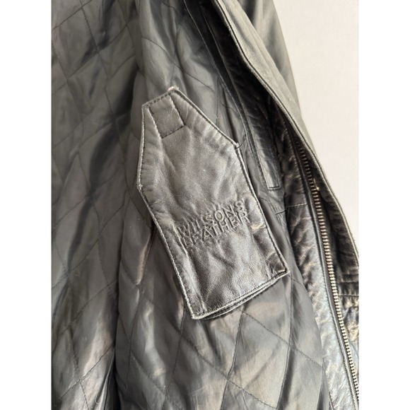 Vintage Wilsons Black Leather Coat Mens Medium Hooded Faux Fur Trim Quilted Y2K - Picture 11 of 13